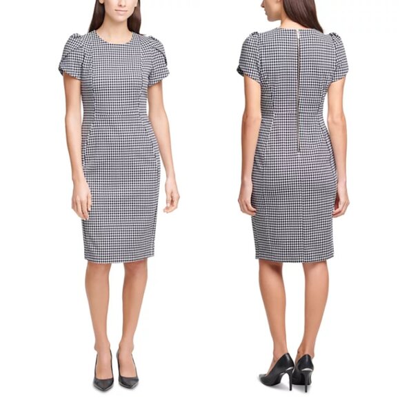 CALVIN KLEIN Navy Gingham Check Tulip Sleeve Sheath Dress Size 6 - Picture 1 of 8